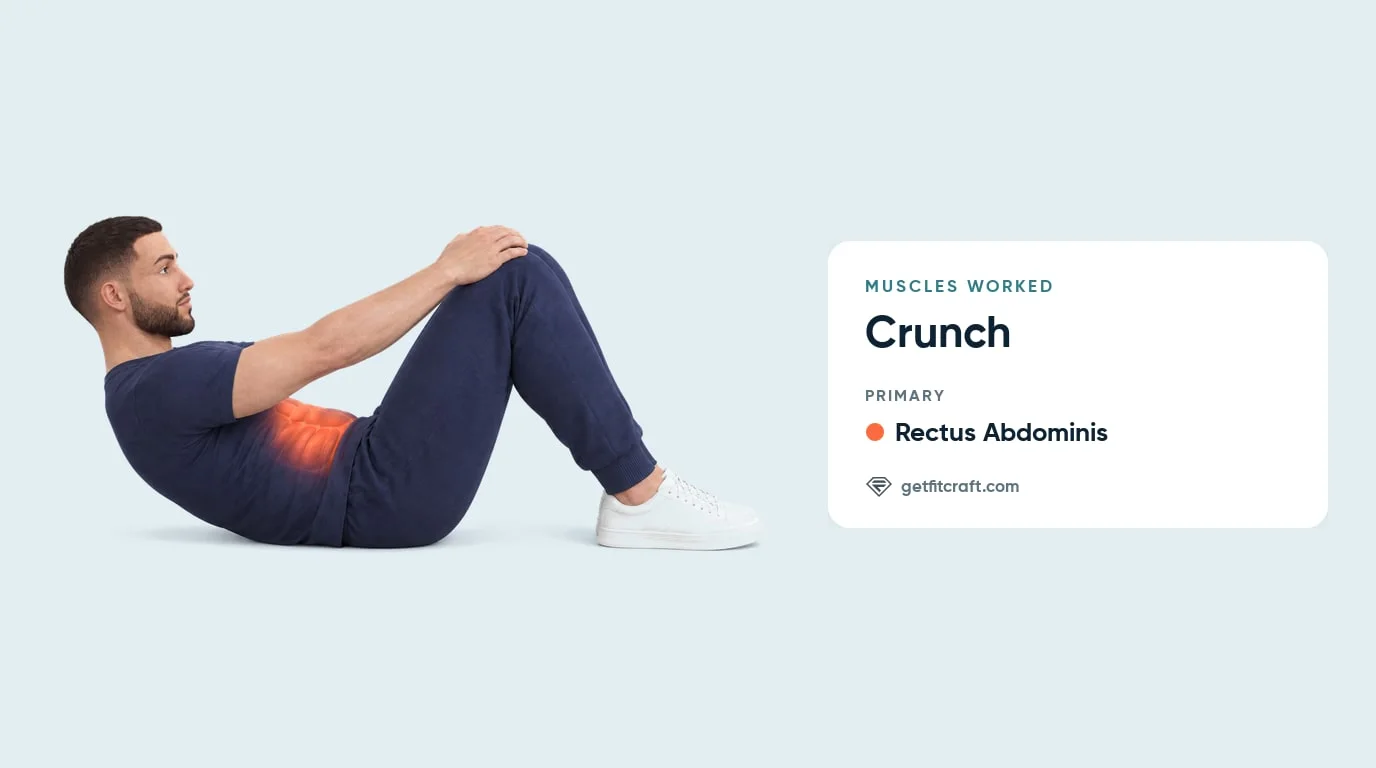 Crunches muscles worked: rectus abdominis highlighted on a man curled off the floor with his hands resting on his knees