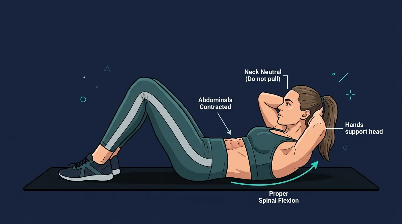 Proper crunch form: shoulder blades lifted off the floor with the lower back pressed down, ribcage curling toward the pelvis, chin held slightly off the chest