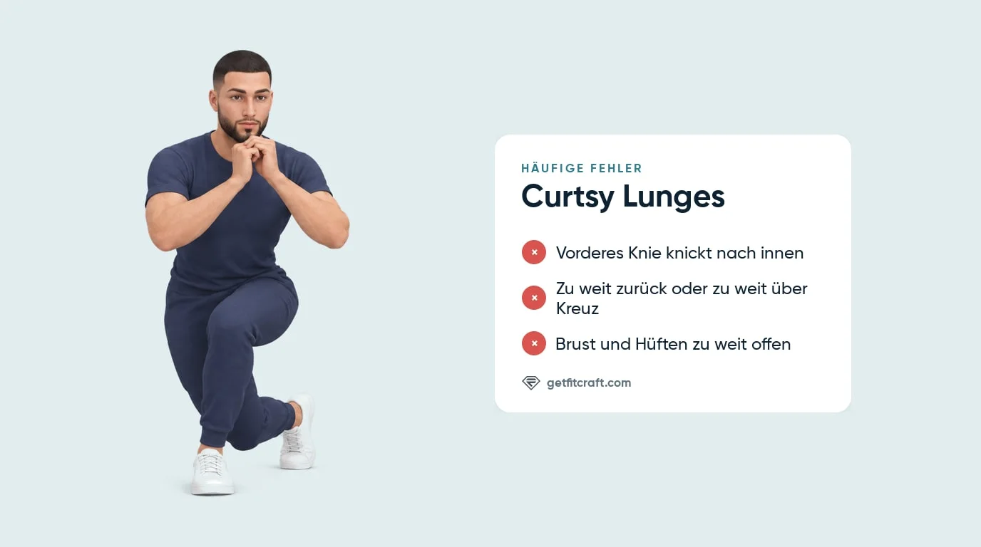 Häufige Fehler beim Curtsy Lunge neben der richtigen tiefen Position: hinterer Fuß über Kreuz, Brust nach vorn gerichtet