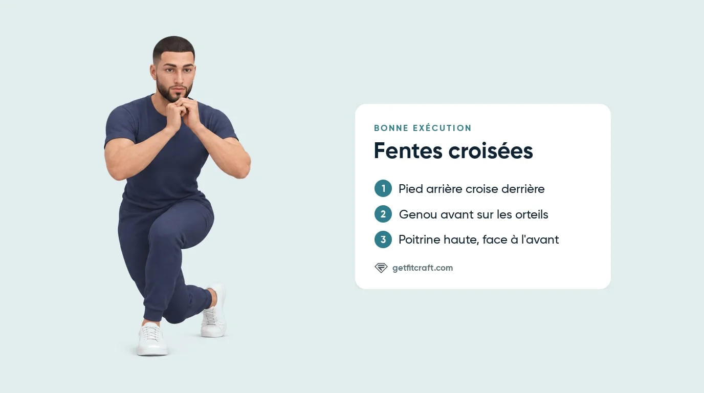 Bonne technique de la fente croisée, de face : pied arrière croisé, genou avant au-dessus des orteils, mains à la poitrine