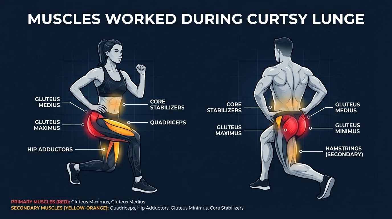 Curtsy lunge muscles targeted diagram showing gluteus maximus and medius as primary movers with quadriceps, hip adductors, and gluteus minimus as secondary muscles