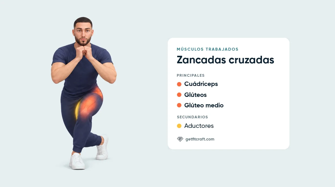Zancada cruzada, vista frontal: cuádriceps, glúteos y glúteo medio como músculos principales, aductores como ayuda