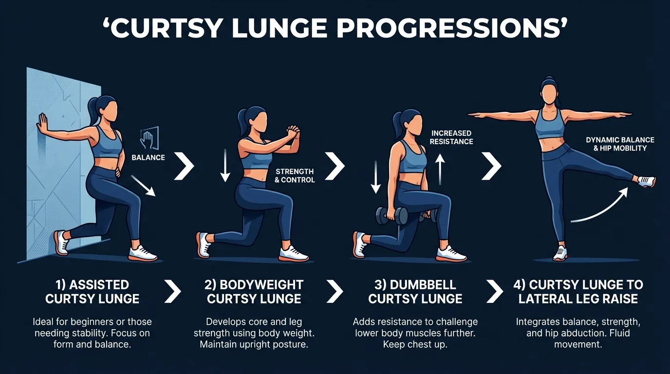 Curtsy lunge progression from assisted holding wall to bodyweight to dumbbell to curtsy lunge with lateral leg raise, showing increasing difficulty
