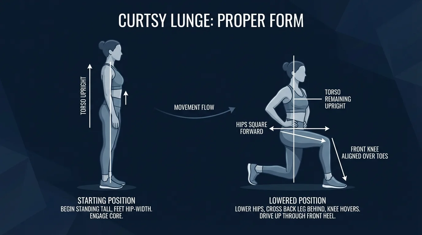 Curtsy lunge proper form showing standing start position and lowered curtsy position with back foot crossed behind, hips square forward, front knee tracking over toes