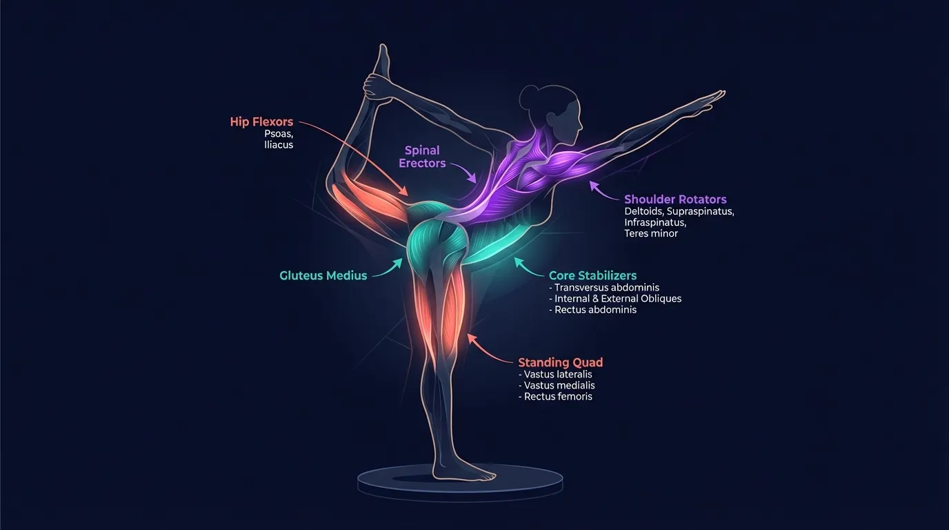 Dancer pose muscles targeted diagram showing standing leg quadriceps and gluteus medius, spinal erectors and core, hip flexors of the lifted leg, and shoulder external rotators during single-leg balance backbend