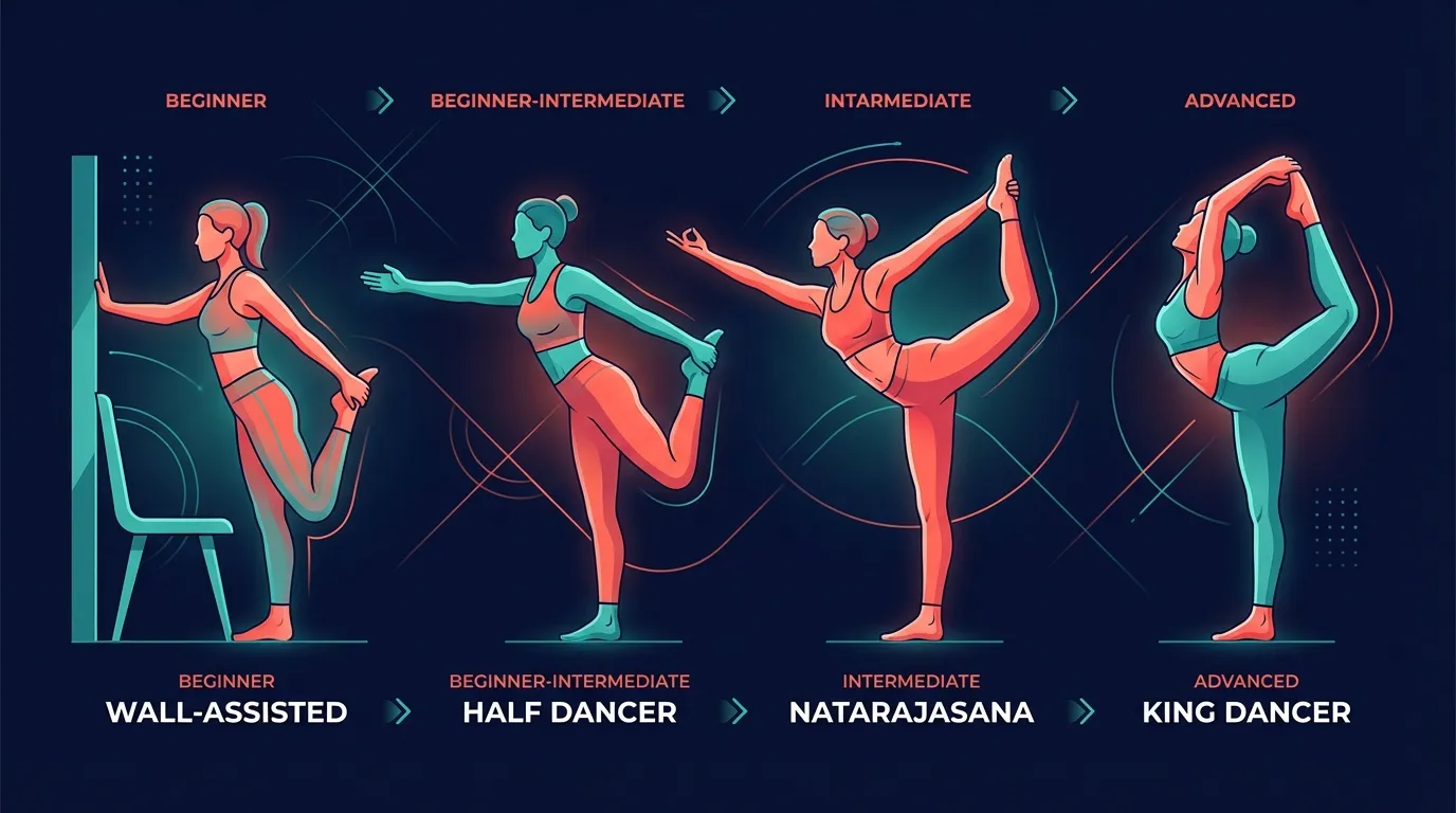Dancer pose progressions from wall-assisted half dancer to classical Natarajasana to king dancer full expression with both hands overhead gripping the foot