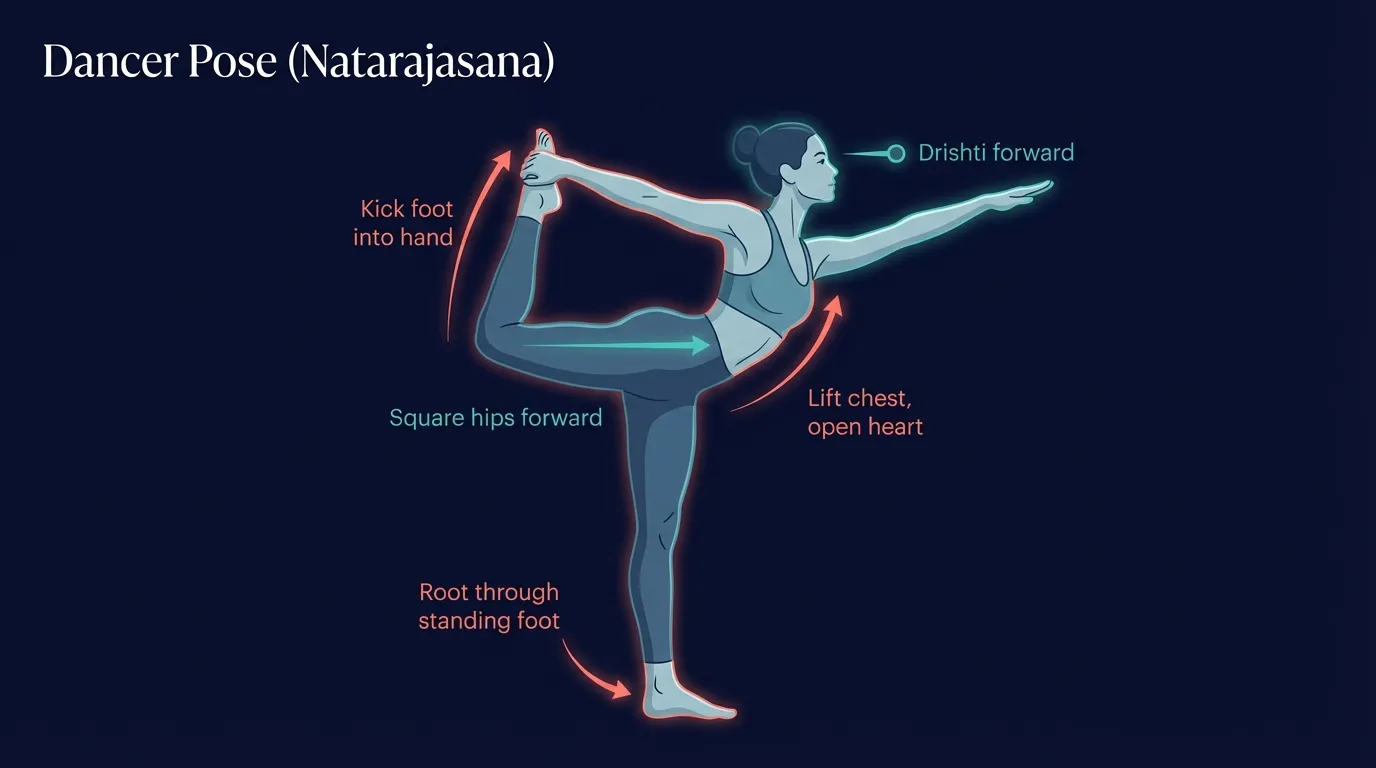 Dancer pose proper form showing palm-out grip on the inside of the back foot, squared hips facing forward, lifted chest and thoracic backbend, extended front arm, and steady forward gaze