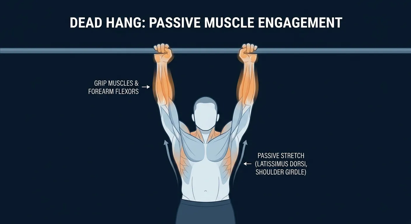 Dead hang muscles engaged: forearm flexors and grip musculature as primary workers, with the latissimus dorsi and shoulder girdle taking a passive stretch under bodyweight