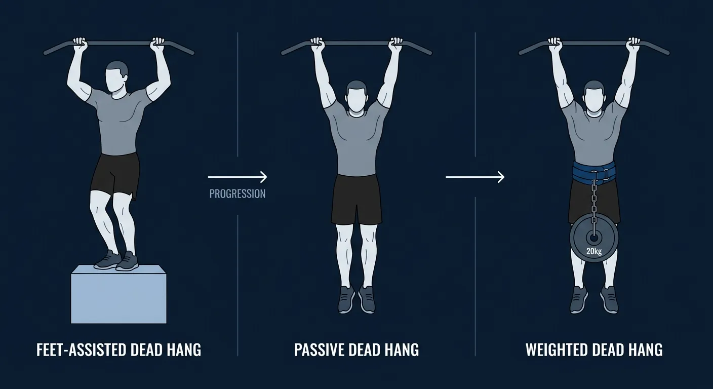 Dead hang progression pathway from feet-assisted hang on a box, to full bodyweight passive hang, to weighted dead hang with a plate on a dip belt