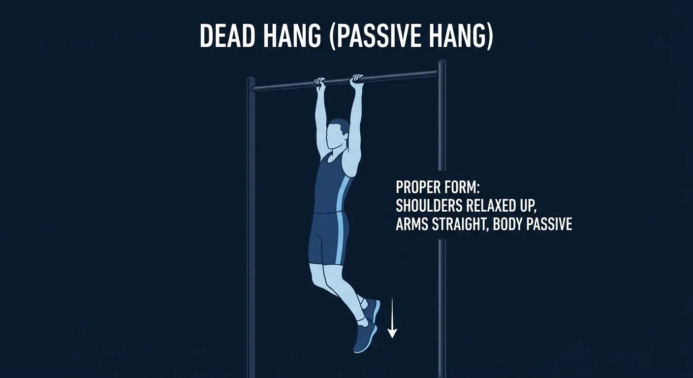Dead hang proper form: pronated overhand grip at shoulder width, arms straight with a soft elbow micro-bend, shoulders relaxed up toward the ears, body hanging passively from the bar