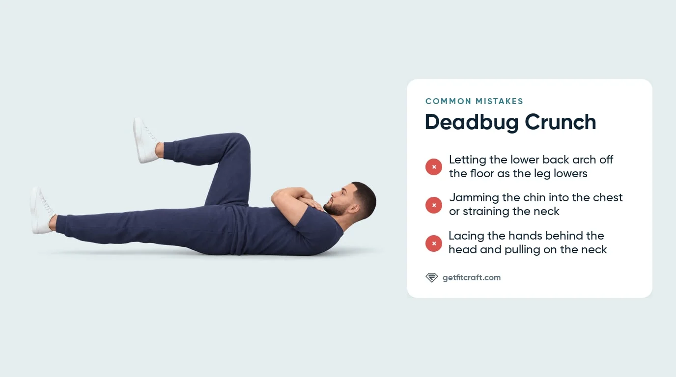 Dead bug crunches common mistakes listed beside the correct form: arms crossed, head and shoulders up, lower back down