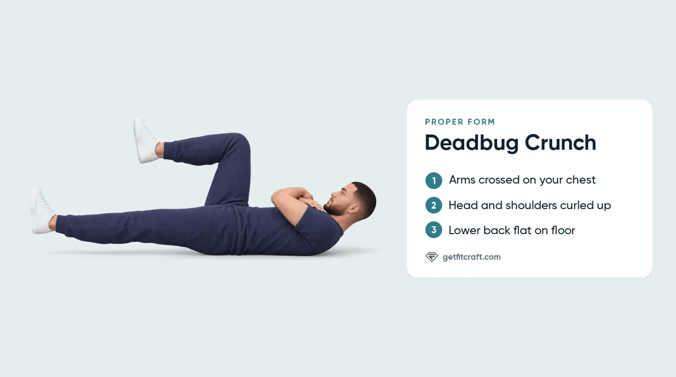 Dead bug crunch exercise proper form from the side: arms crossed on the chest, head and shoulders curled up, one leg low