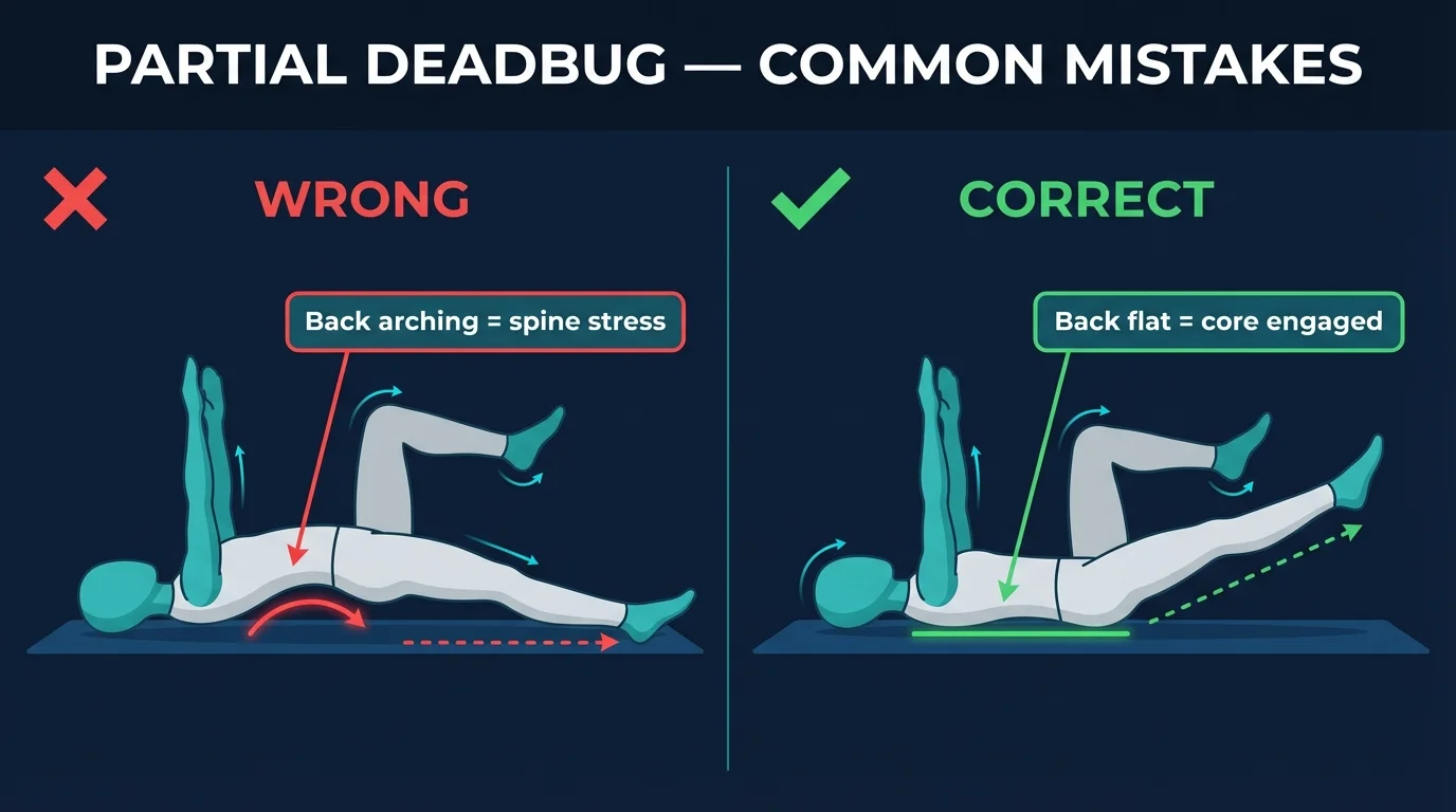 Common partial deadbug mistakes showing lower back arching off floor and leg extending too quickly without core control
