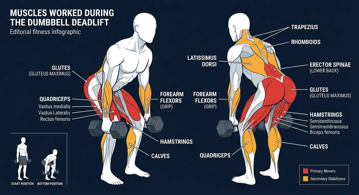 Dumbbell deadlift muscles activated: gluteus maximus, hamstrings, erector spinae, and quadriceps as primary movers, with latissimus dorsi, trapezius, rhomboids, and forearm flexors as secondary, and the entire core and calves as stabilizers