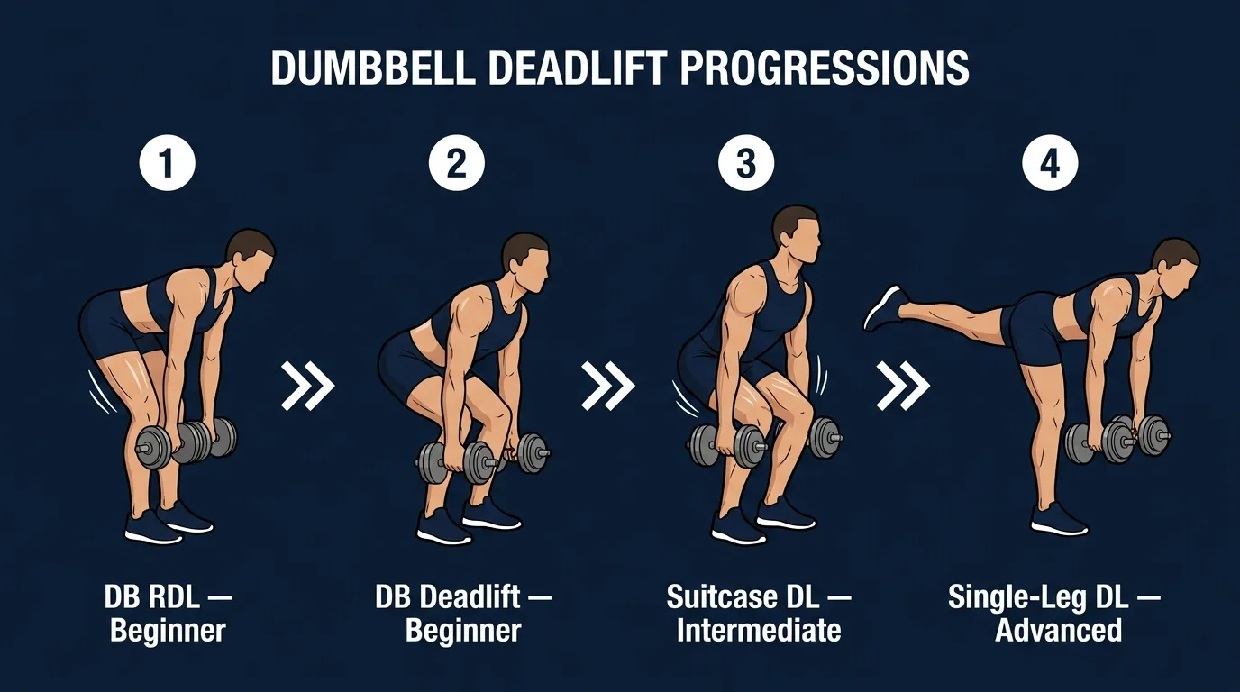 Dumbbell deadlift progression path from beginner regression to advanced variation: dumbbell Romanian deadlift on the left for hamstring focus, standard dumbbell deadlift, suitcase deadlift for grip and anti-rotation, single-leg dumbbell deadlift on the right for balance and unilateral progression