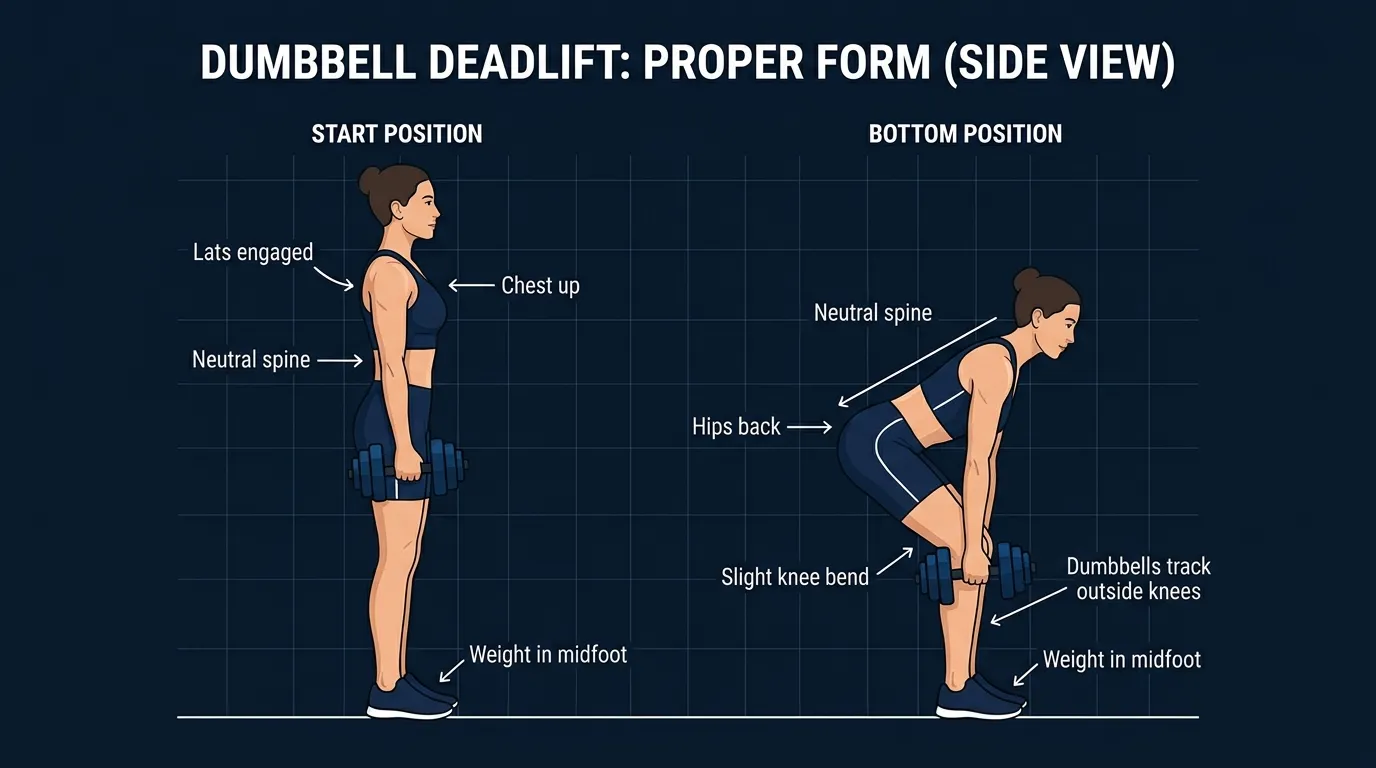 Dumbbell deadlift proper form side view: start position standing tall with dumbbells at the sides, palms facing the thighs, and bottom position with hips pushed back, slight knee bend, neutral spine, dumbbells tracking along the outside of the shins