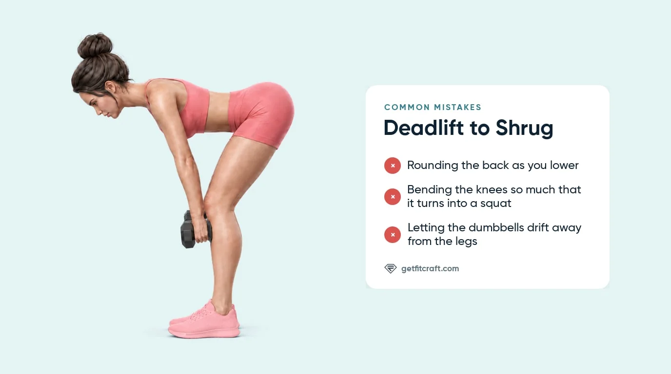 Deadlift to shrug done correctly, hinged with a flat back and dumbbells near the shins, beside a list of common mistakes