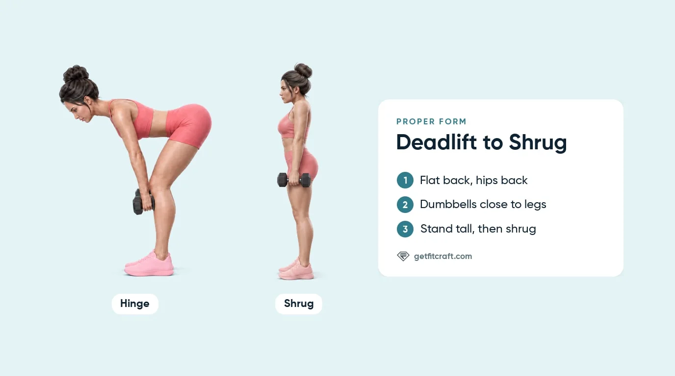 Deadlift to shrug proper form in two phases: hinge with a flat back and dumbbells by the shins, then stand tall and shrug