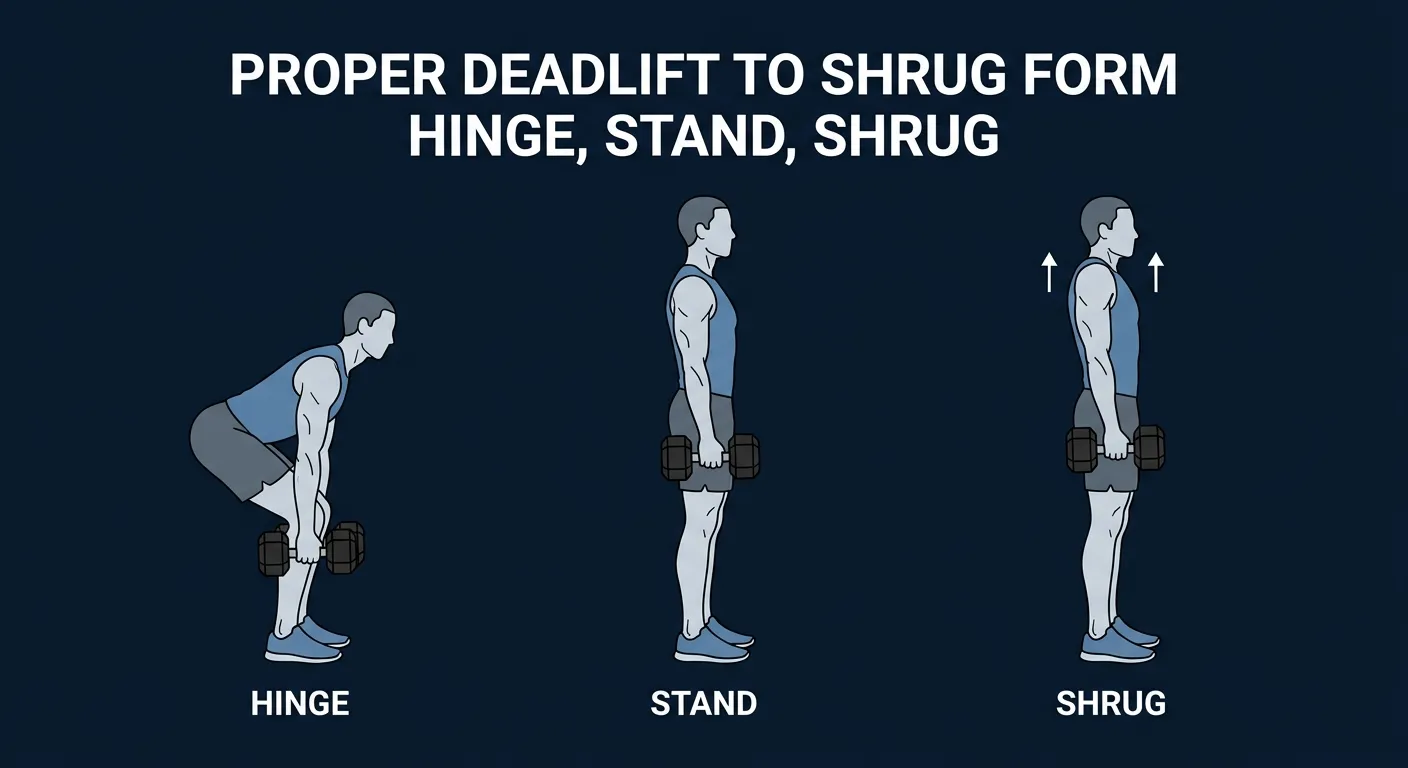 Deadlift to shrug proper form sequence: hinged bottom position with flat back and dumbbells at mid-shin, full standing lockout, then straight-arm shrug with shoulders elevated toward the ears