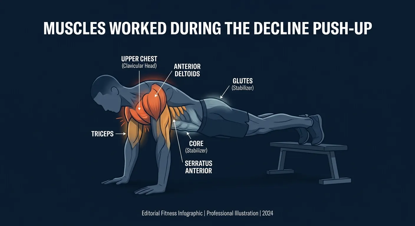 Decline push-up muscles worked: upper chest (clavicular pectoralis major), anterior deltoids, and triceps highlighted as primary movers, with the serratus anterior, core, and glutes as stabilizers