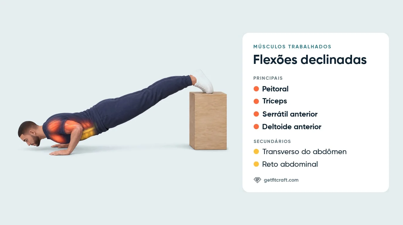 Flexões declinadas, músculos: peitoral, tríceps, serrátil anterior, deltoide anterior, transverso do abdômen e reto abdominal