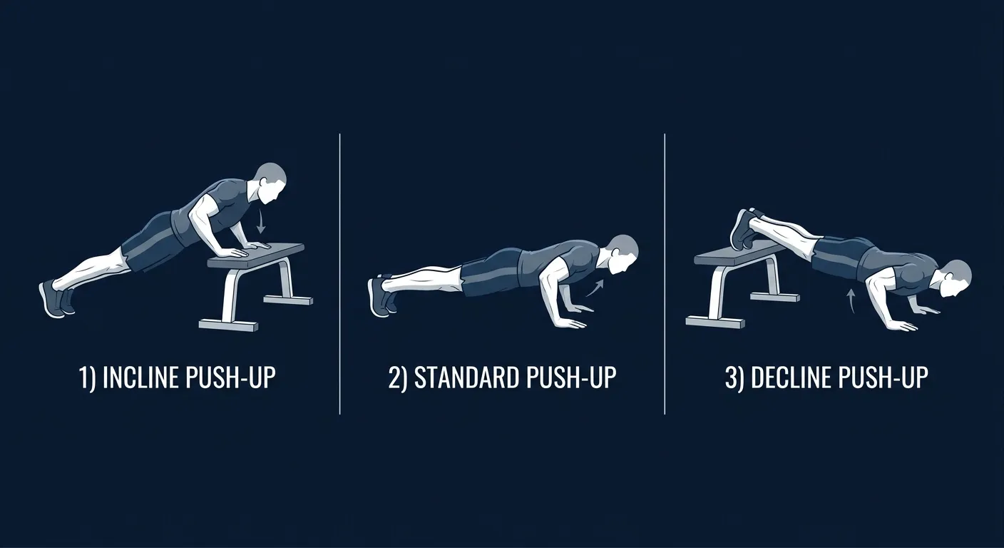 Decline push-up progression sequence from incline push-up with hands elevated, to standard floor push-up, to decline push-up with feet elevated on a bench