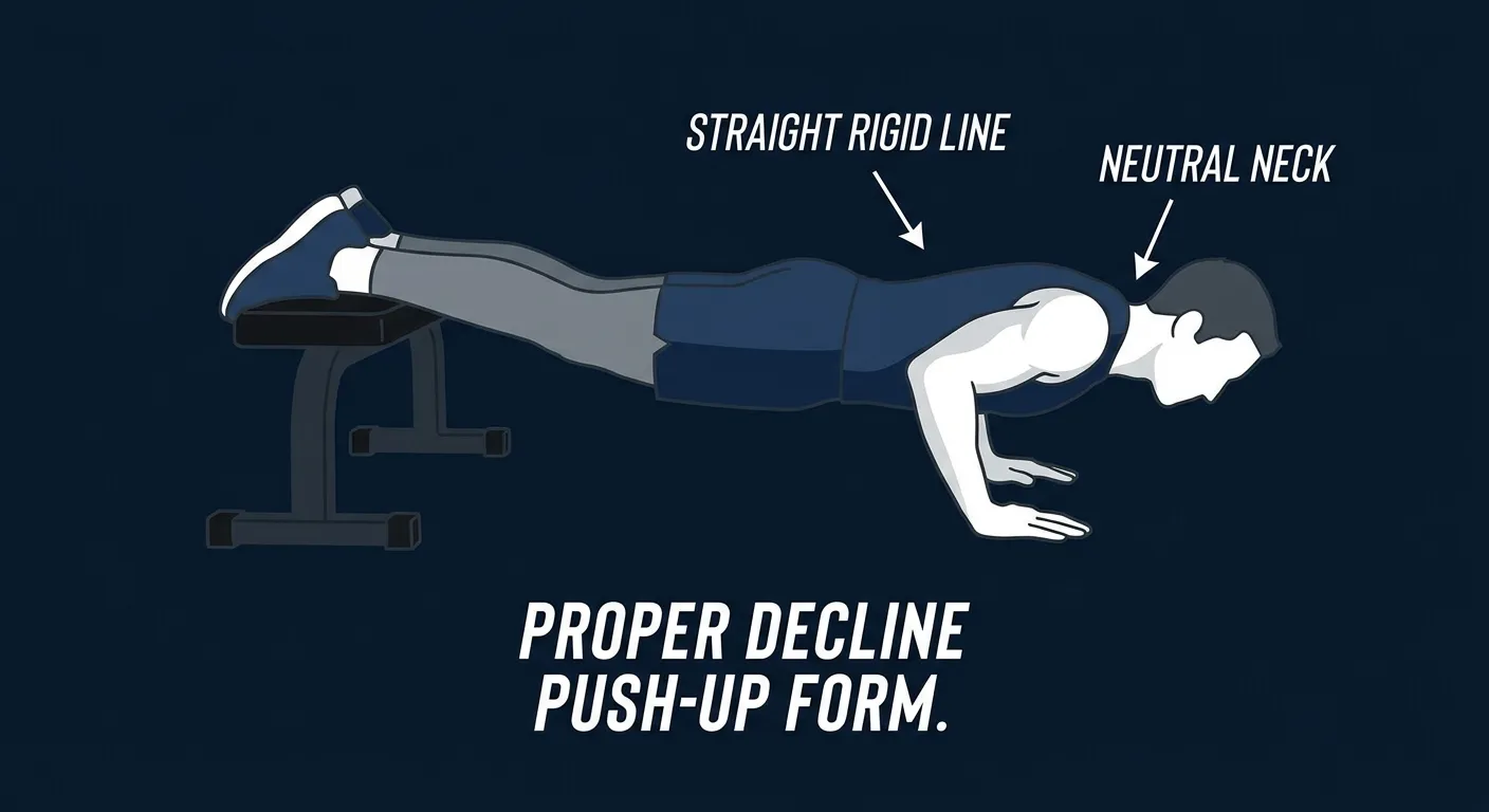 Decline push-up proper form: feet elevated on a bench, hands on the floor slightly wider than shoulders, body in a straight head-to-heel line with elbows at 45 degrees