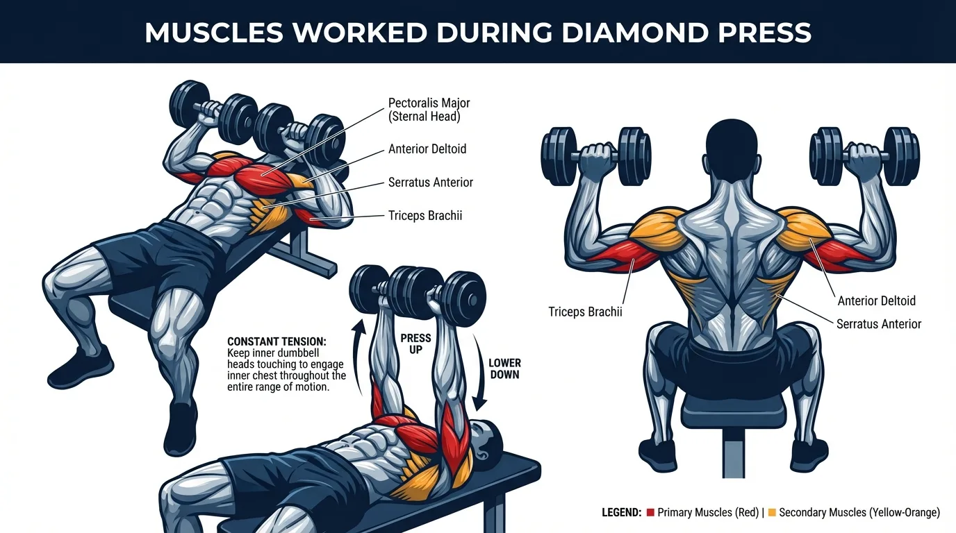 Diamond press muscles targeted diagram showing pectoralis major inner fibers, triceps brachii, anterior deltoid, and rotator cuff activation during the squeeze press movement