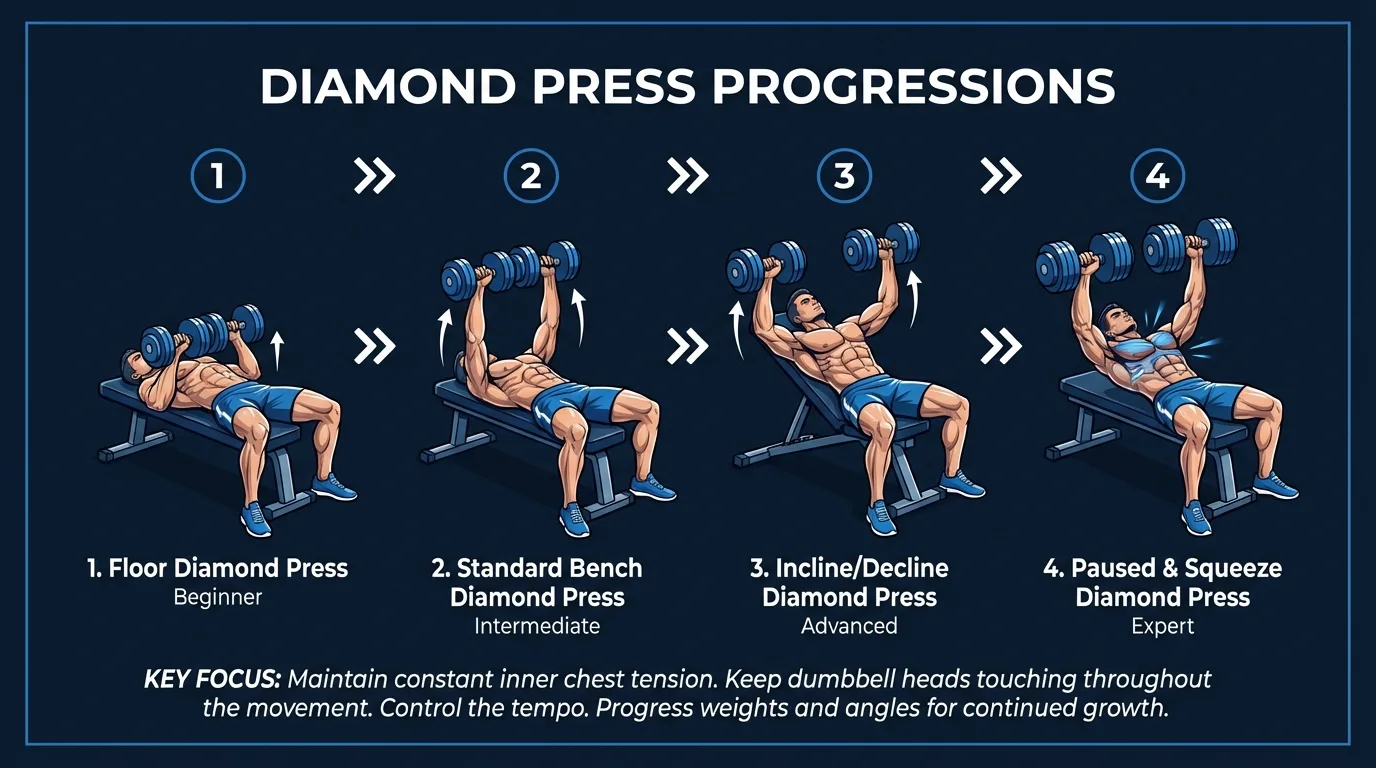 Diamond press progression from floor diamond press to flat bench diamond press to incline diamond press to diamond press-fly combo, showing increasing difficulty