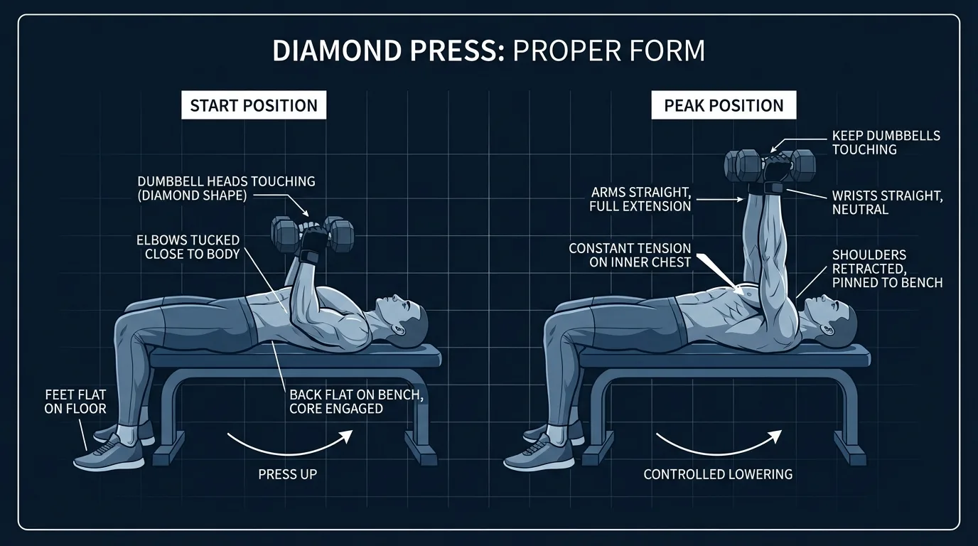 Diamond press proper form showing neutral grip with dumbbells pressed together, elbows tucked at 30-45 degrees, shoulder blades retracted on flat bench