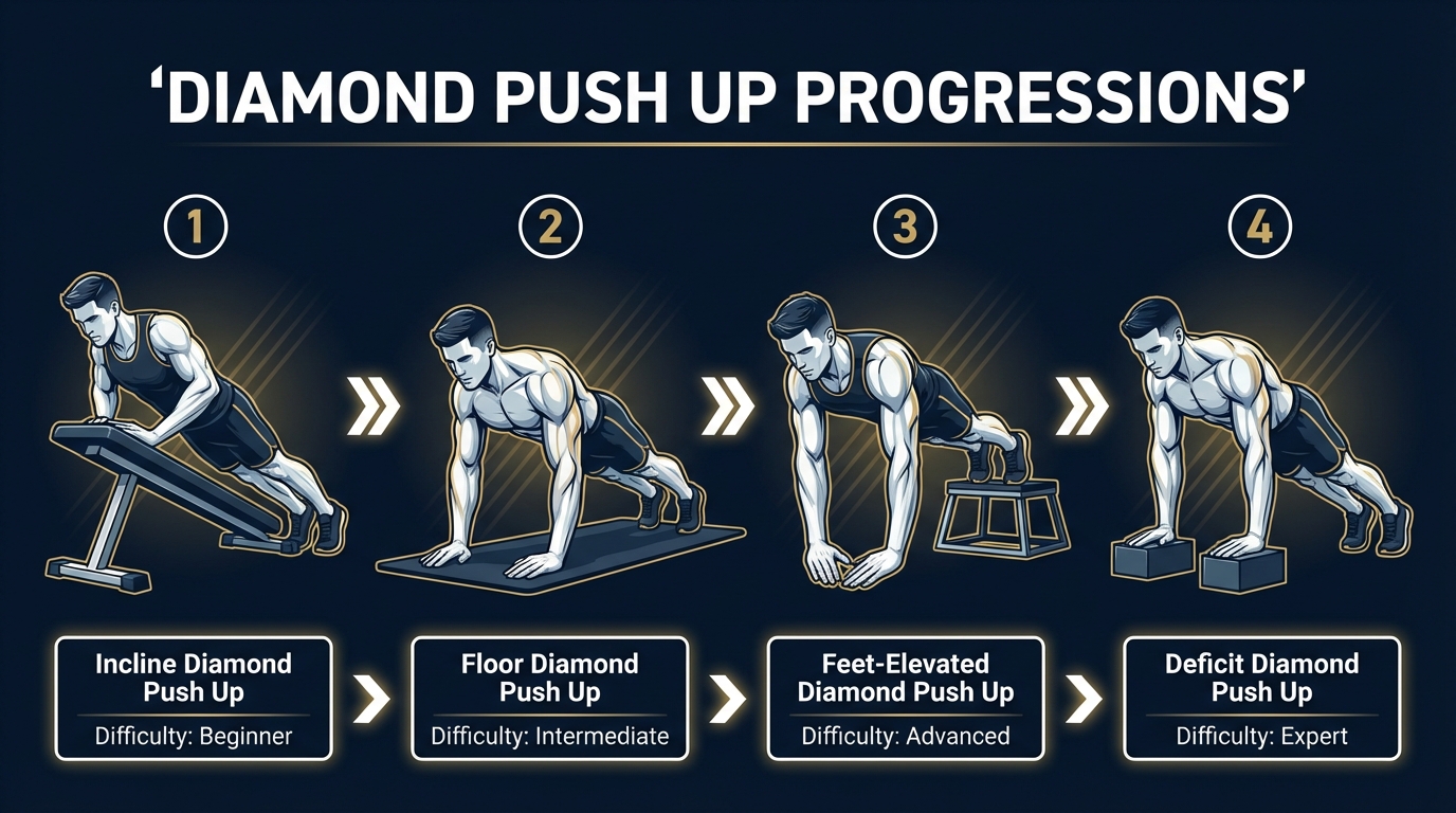Diamond push-up progression from incline diamond push-up to floor to feet-elevated to deficit diamond push-up, showing increasing difficulty