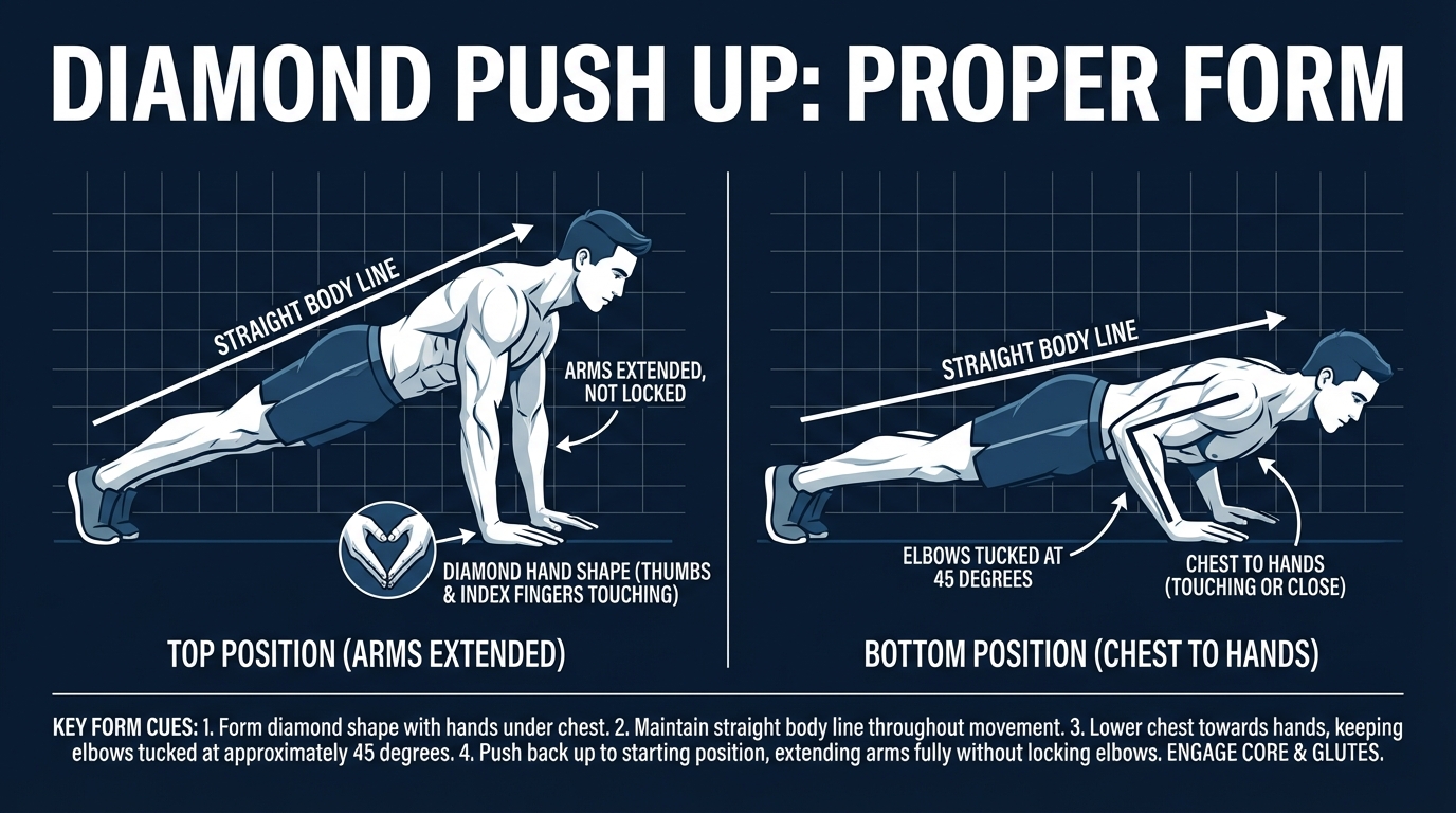 Diamond push-up proper form showing top position with arms extended and bottom position with chest touching diamond hand shape, elbows tucked at 45 degrees