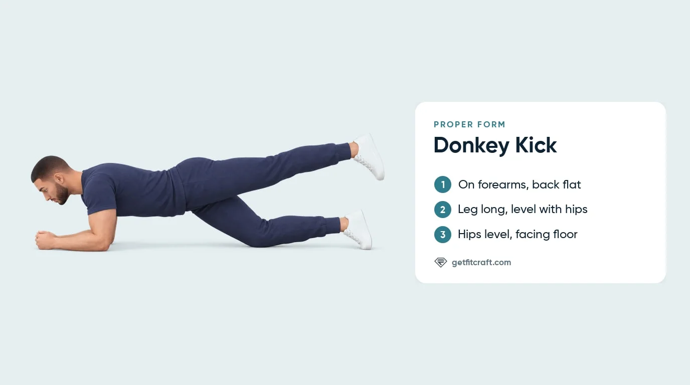 Donkey kick exercise proper form: on forearms and one knee, back flat, the other leg kicked back long at about hip height