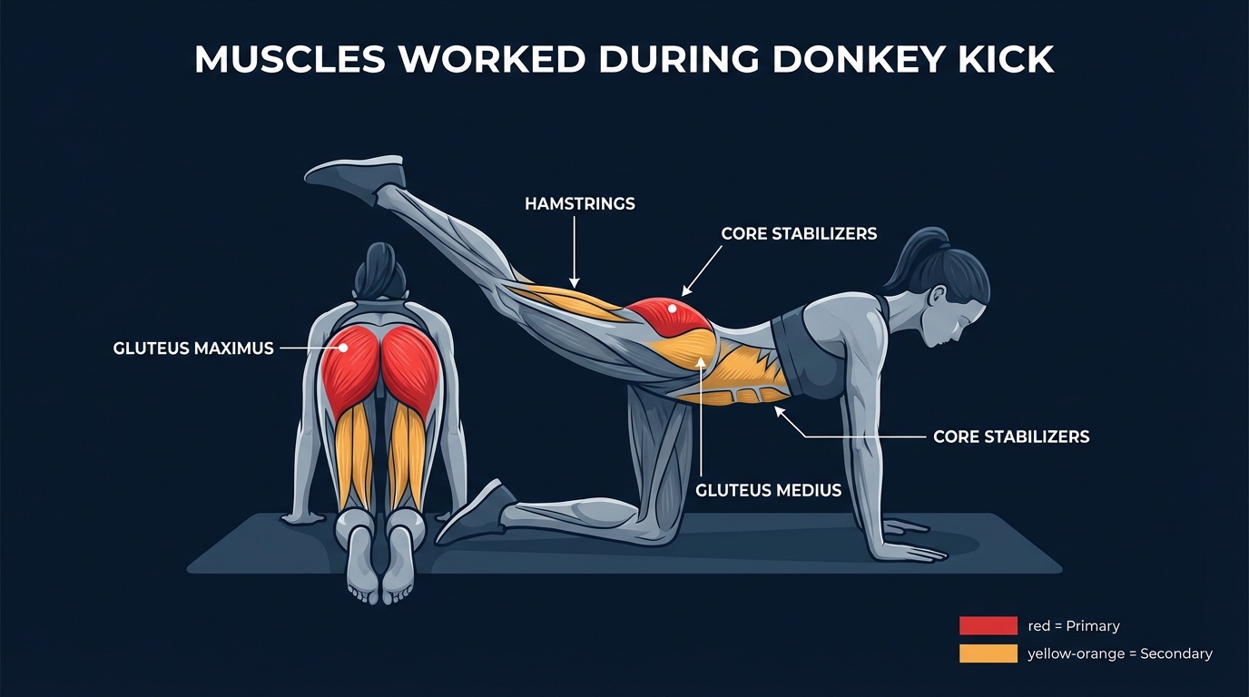 Donkey kick muscles targeted diagram showing gluteus maximus as primary muscle with hamstrings, core stabilizers, and gluteus medius as secondary