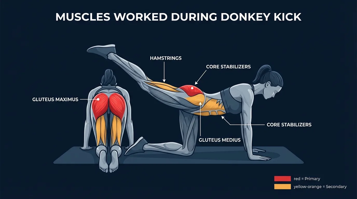 Diagrama de musculos ativados no donkey kick mostrando gluteo maximo como musculo principal com isquiotibiais, estabilizadores do core e gluteo medio como secundarios
