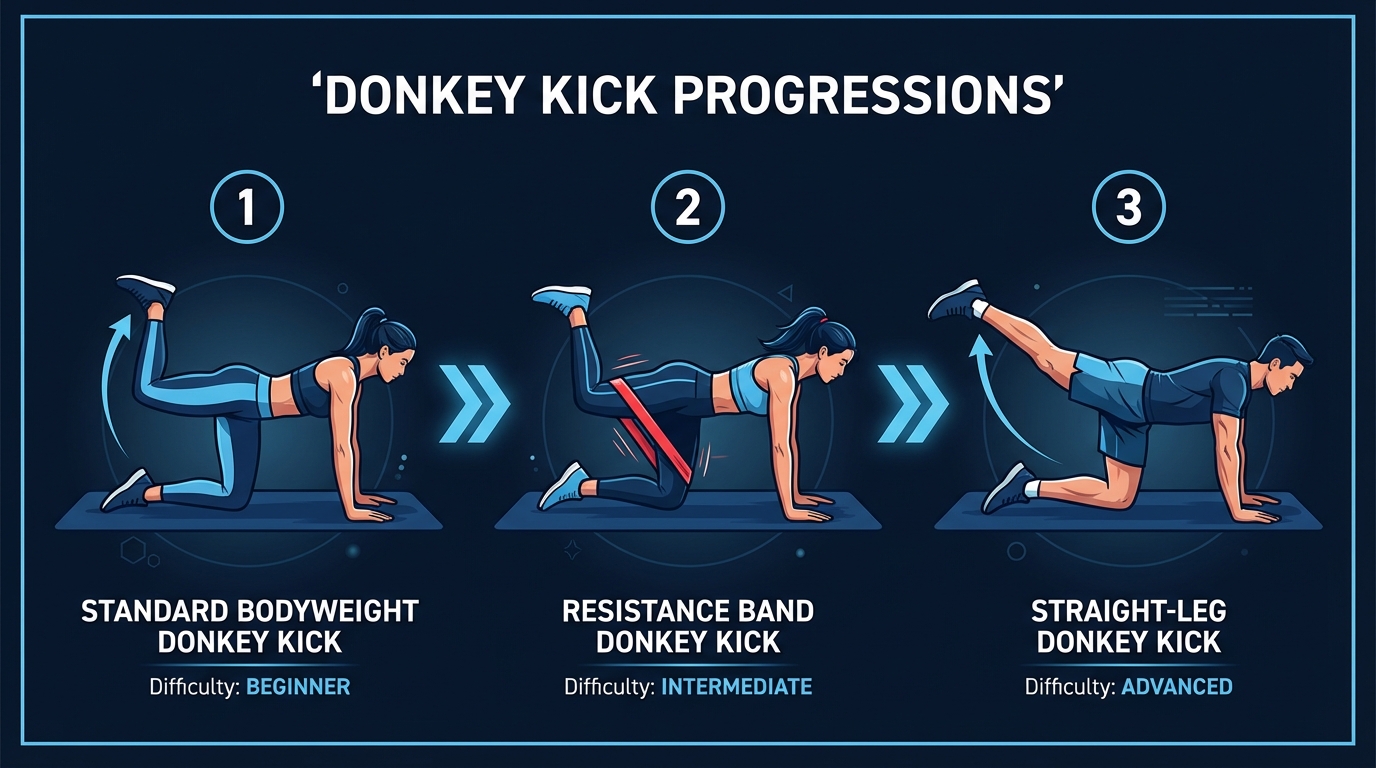 Donkey kick progression from standard bodyweight to resistance band to straight-leg variation