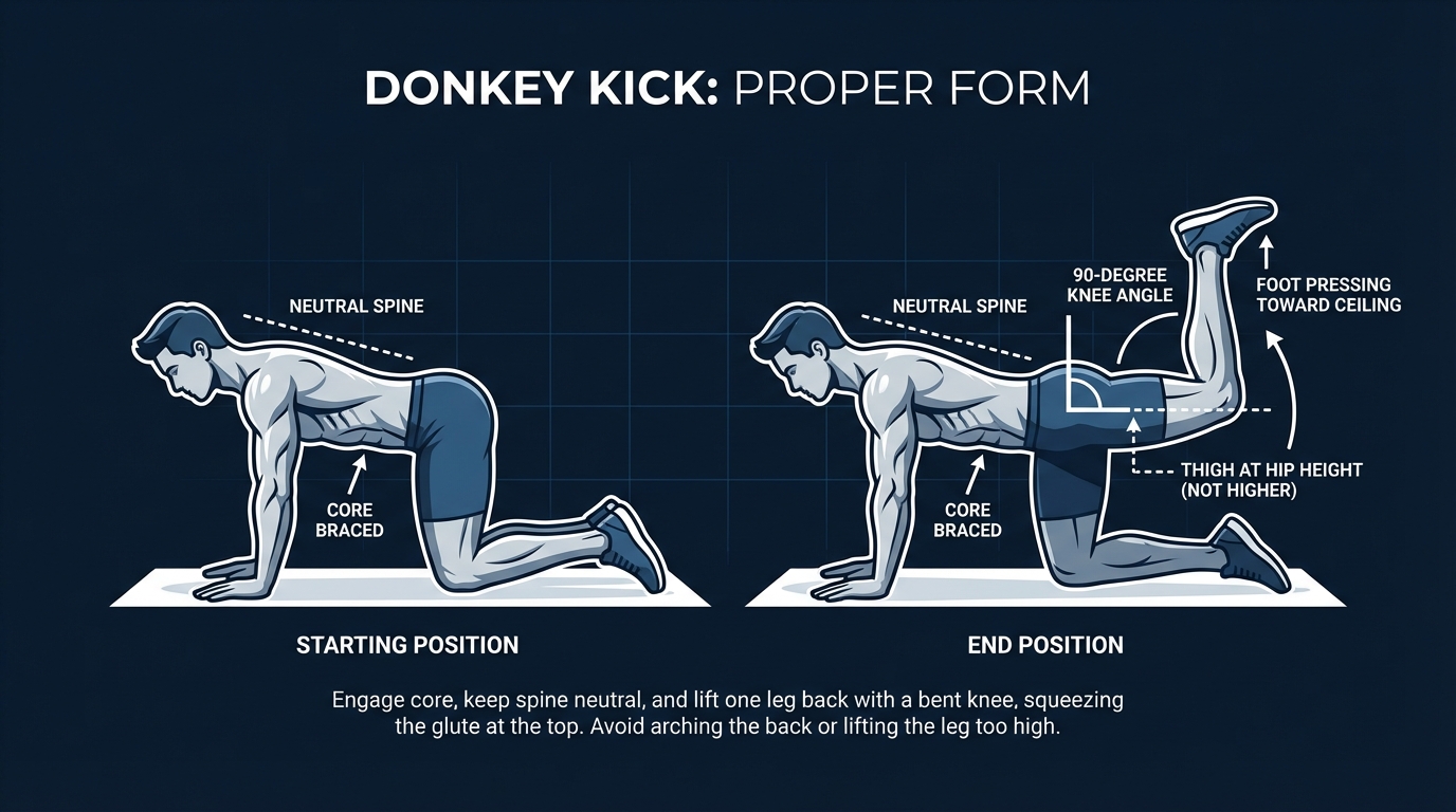 Donkey kick proper form showing starting position on all fours and end position with foot pressing toward ceiling, knee at 90 degrees, neutral spine