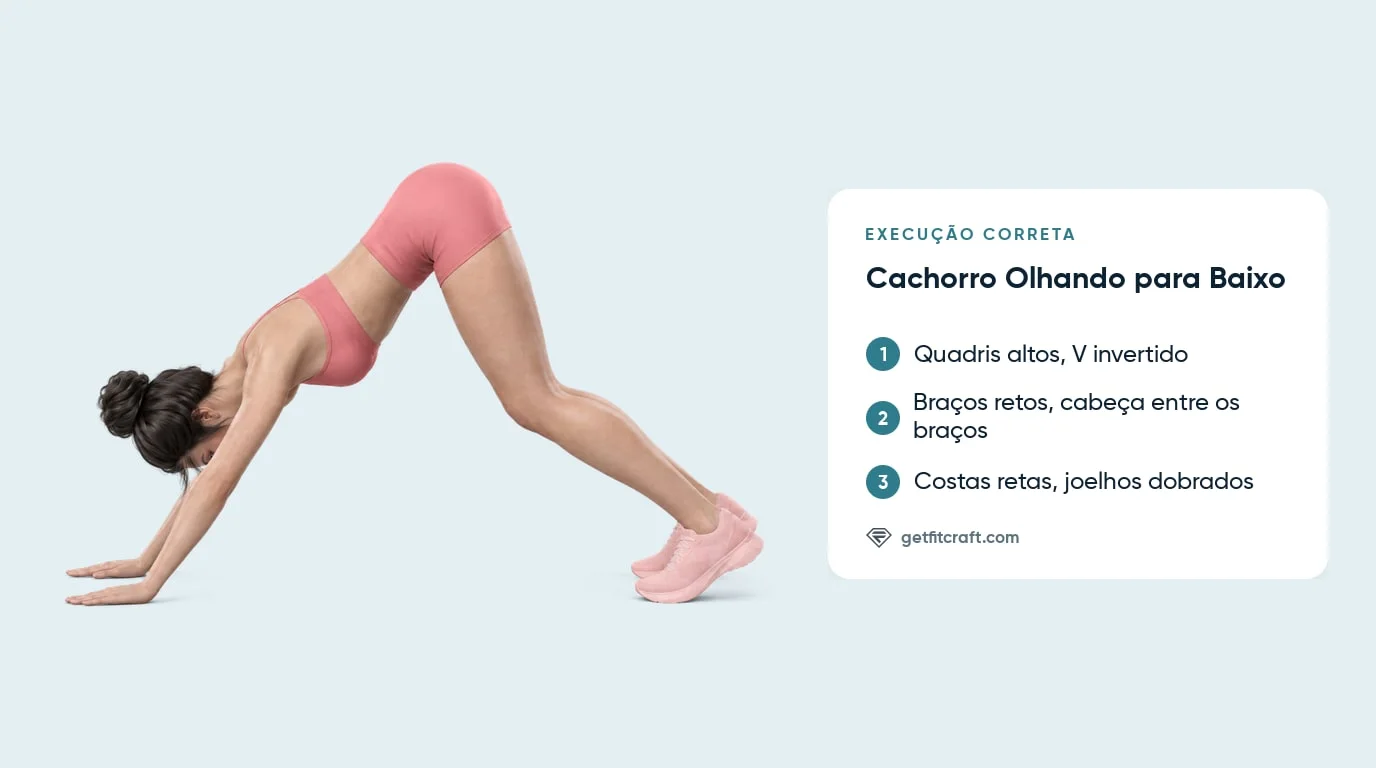 Cachorro olhando para baixo, forma correta: quadris altos em V, braços retos, cabeça entre os braços, joelhos dobrados