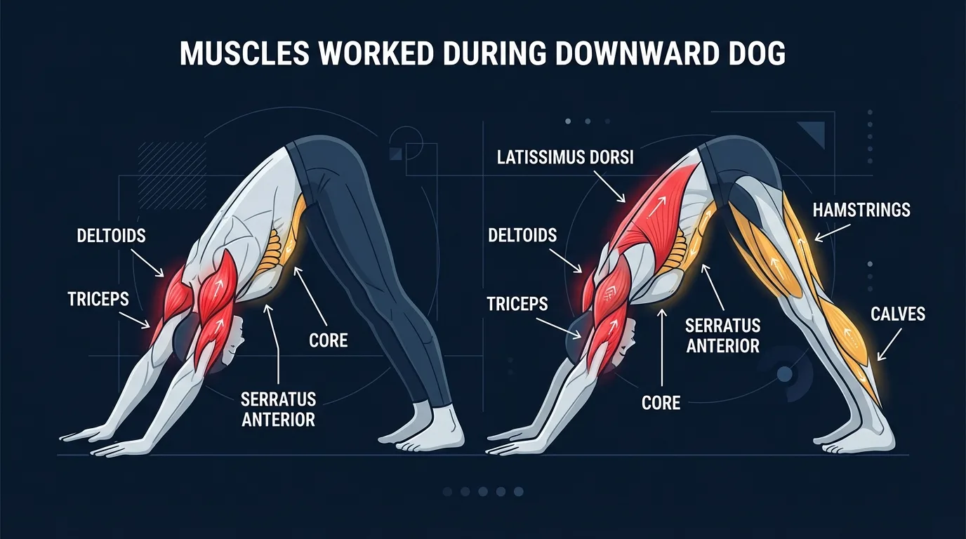 Downward dog muscles targeted diagram showing deltoids, latissimus dorsi, triceps, core, hamstrings, and calves activation