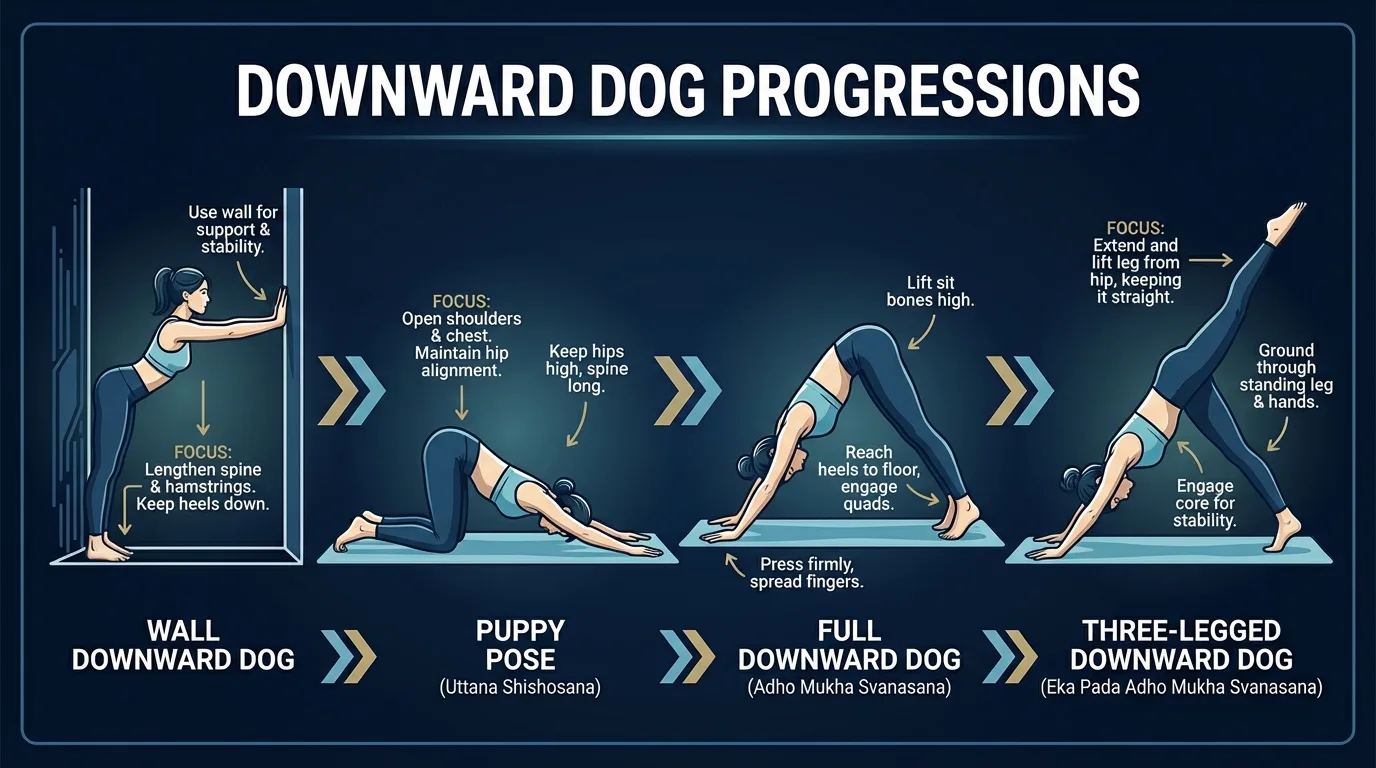 Downward dog progression from wall downward dog to puppy pose to full downward dog to three-legged downward dog
