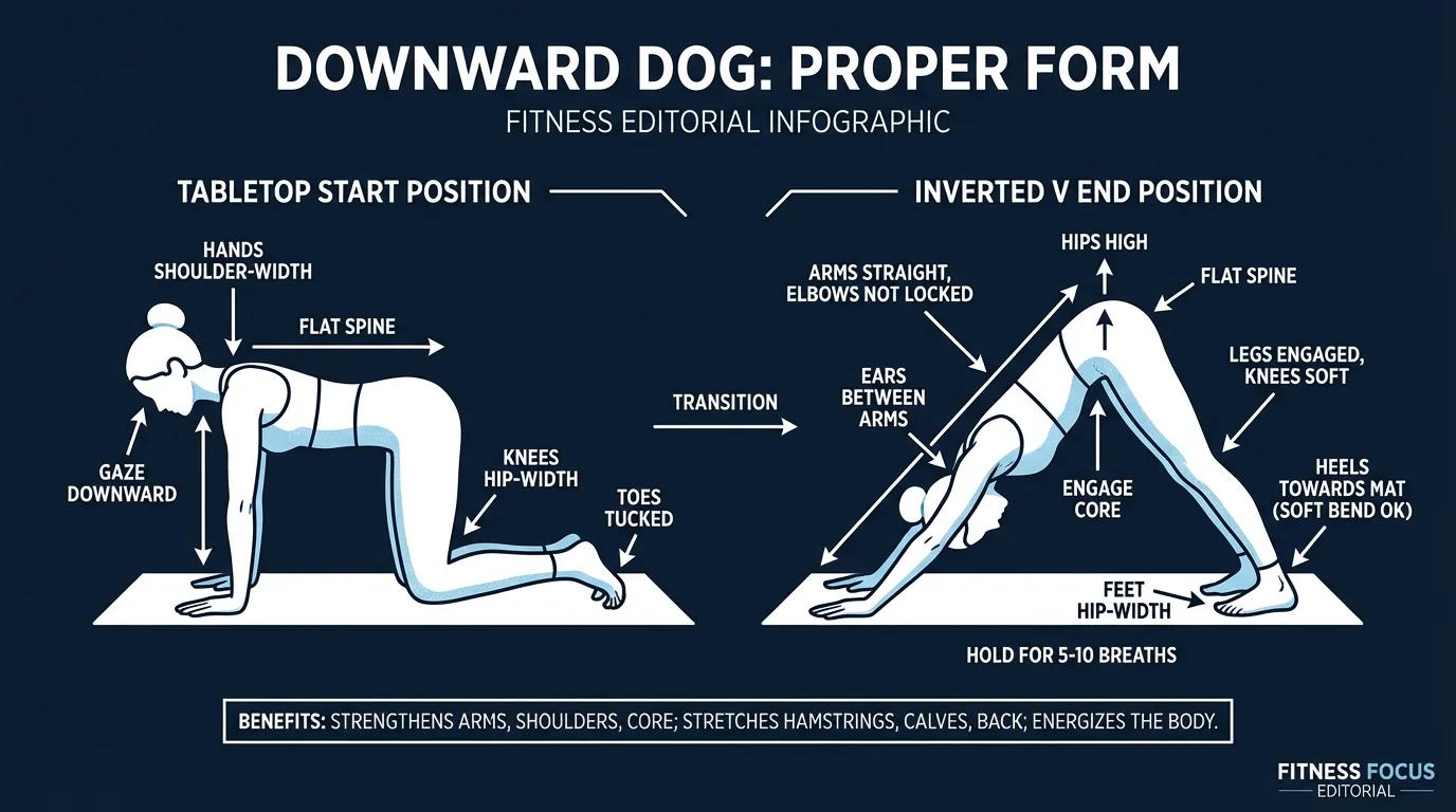 Downward dog proper form showing tabletop starting position transitioning to inverted V with hands shoulder-width apart, flat spine, and hips high