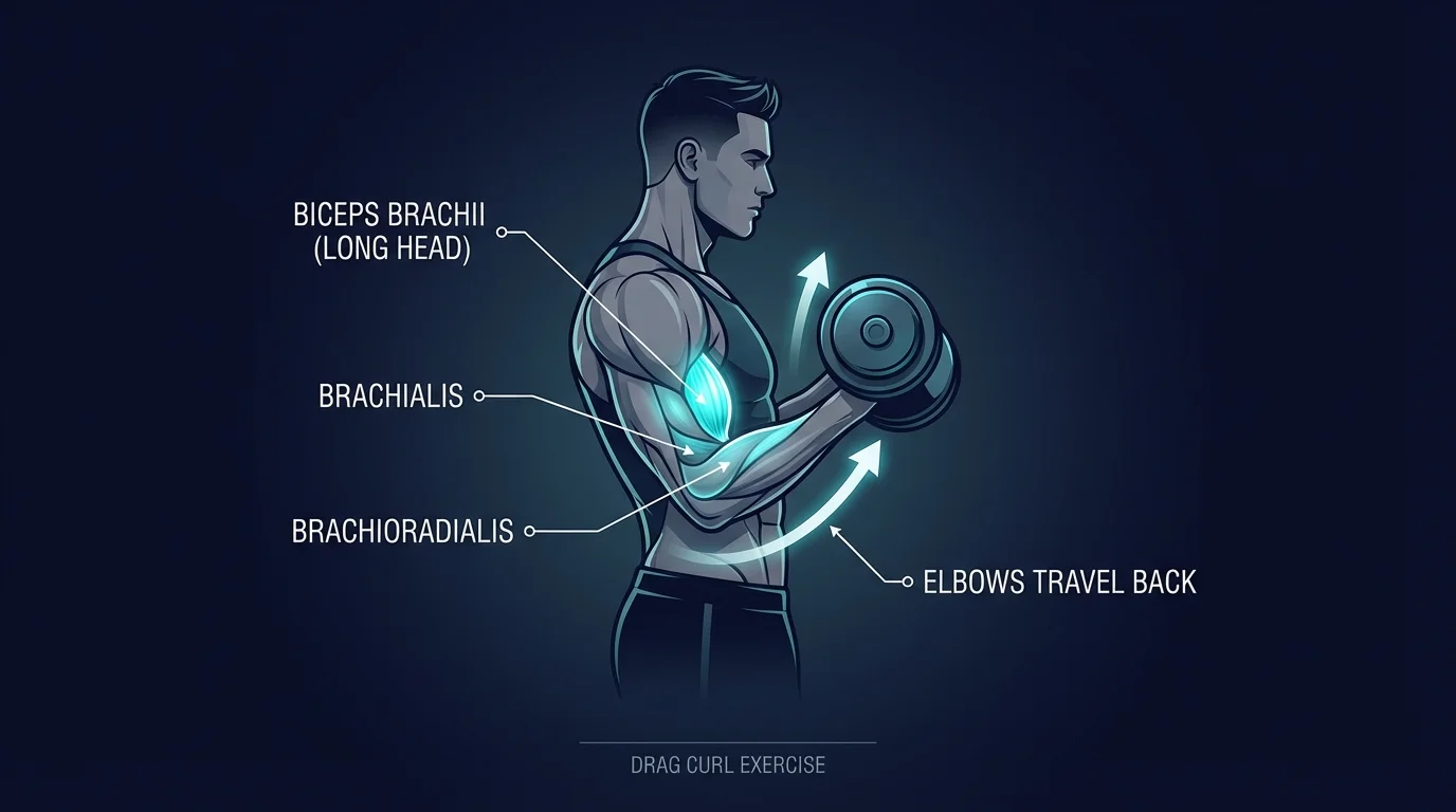 Drag curl muscles targeted diagram showing biceps brachii long head as the primary mover with brachialis, brachioradialis, and posterior deltoid as secondary muscles during the backward elbow travel