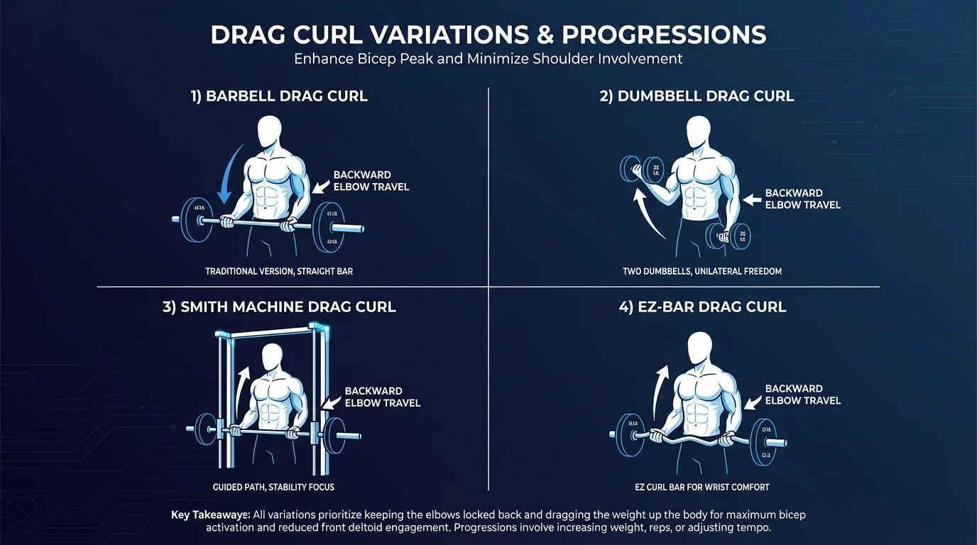 Drag curl variations and progressions including barbell drag curl, dumbbell drag curl, Smith machine drag curl, and EZ-bar drag curl with their differences labeled