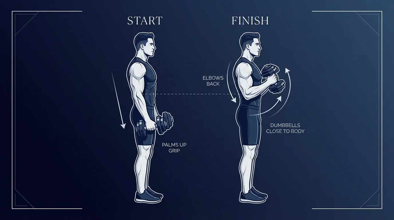 Drag curl proper form showing starting position with dumbbells at thighs and finish position with elbows driven backward and dumbbells dragged up close to the lower chest