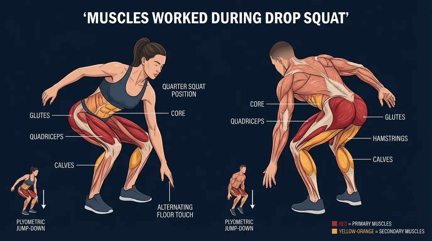 Drop squat muscles targeted diagram showing quadriceps, gluteus maximus, and calves as primary movers with hamstrings, adductors, and core as secondary