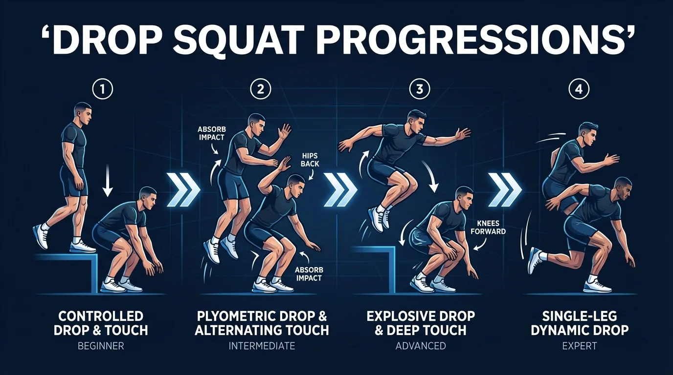 Drop squat progression from step-out squat to standard drop squat to drop squat with jump back to weighted drop squat