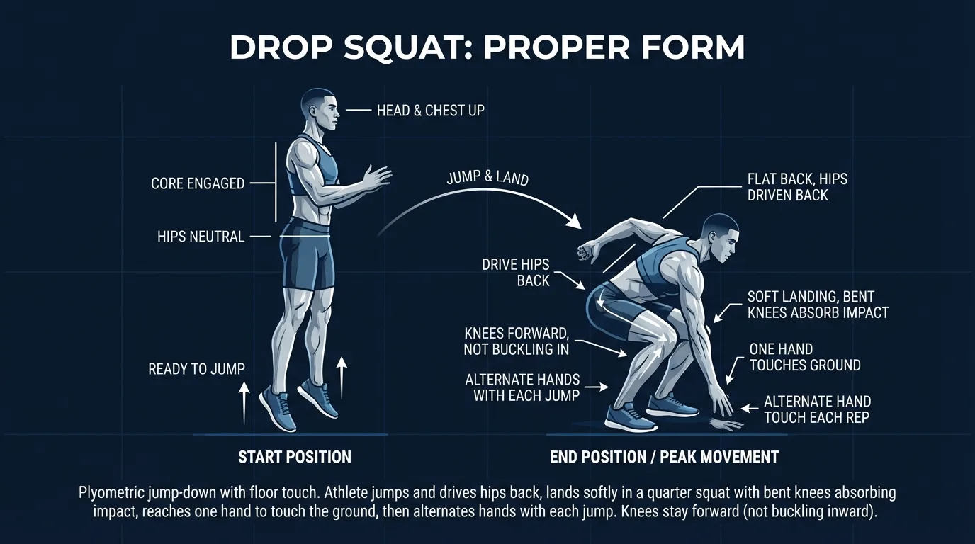 Drop squat proper form showing narrow starting stance, feet jumping outward, and controlled landing in a deep squat with upright torso