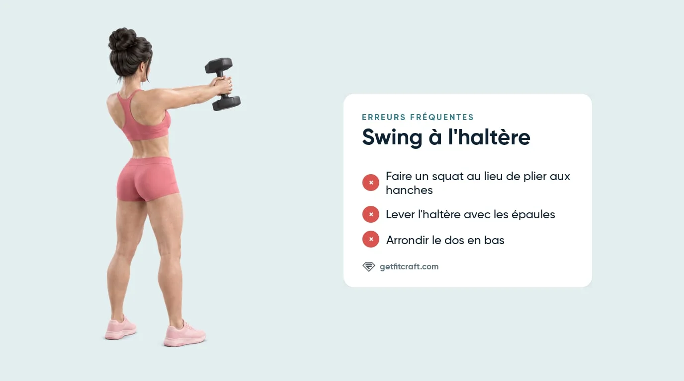 Erreurs courantes du swing à l'haltère, à côté d'une vue de dos du bon haut de mouvement : debout, bras à hauteur d'épaules
