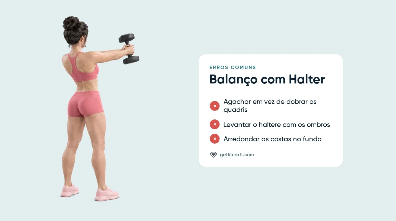 Erros comuns no balanço com halter, ao lado da vista de costas do topo correto: em pé, braços na altura do ombro