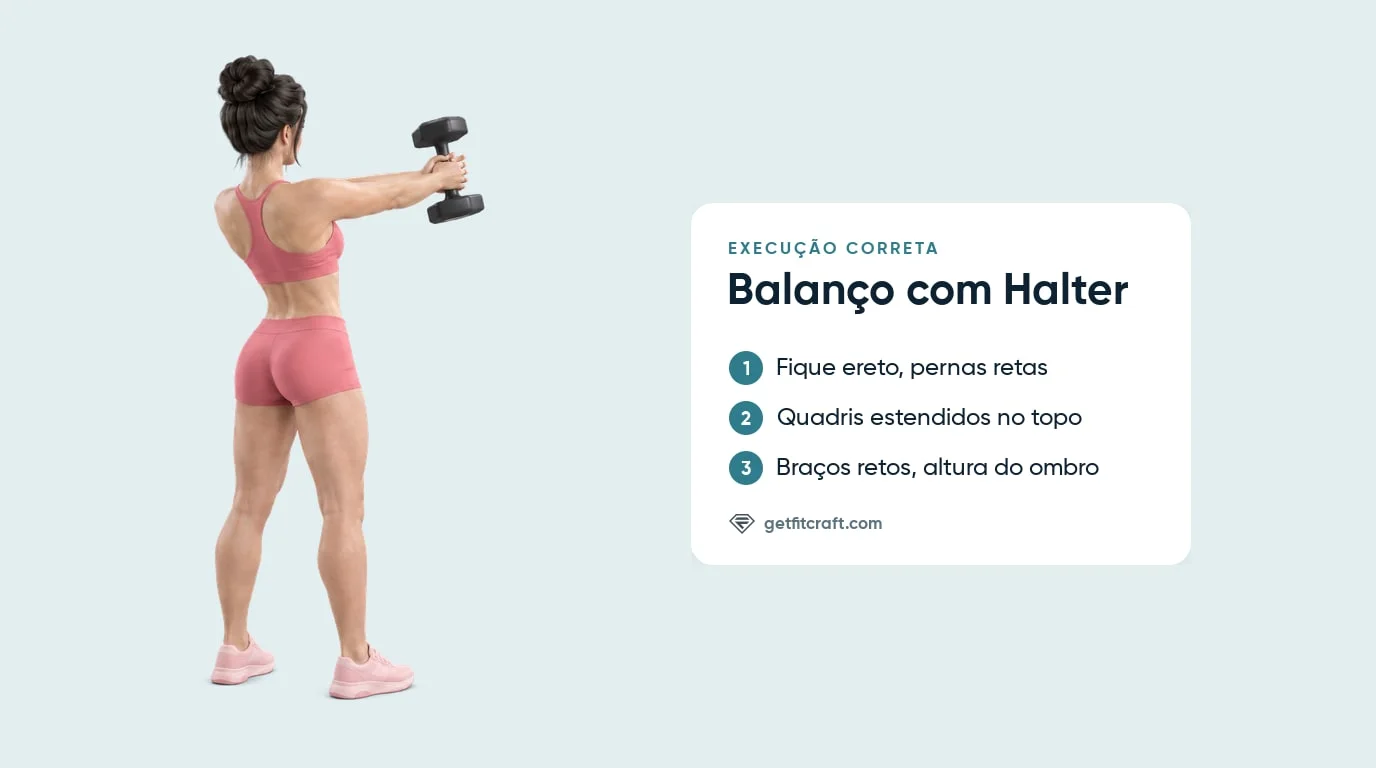 Forma correta do balanço com halter, de costas: em pé, pernas retas, quadris estendidos, braços retos na altura do ombro